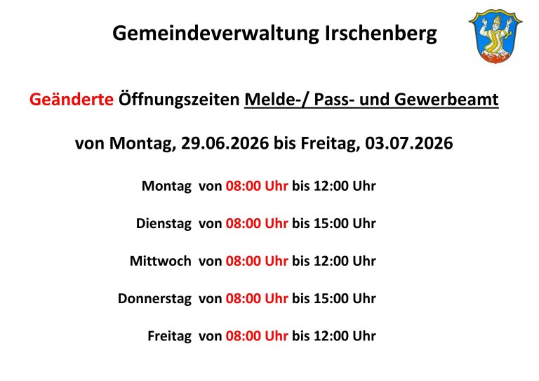Öffnungszeiten geändert Urlaubsvertretung EWO